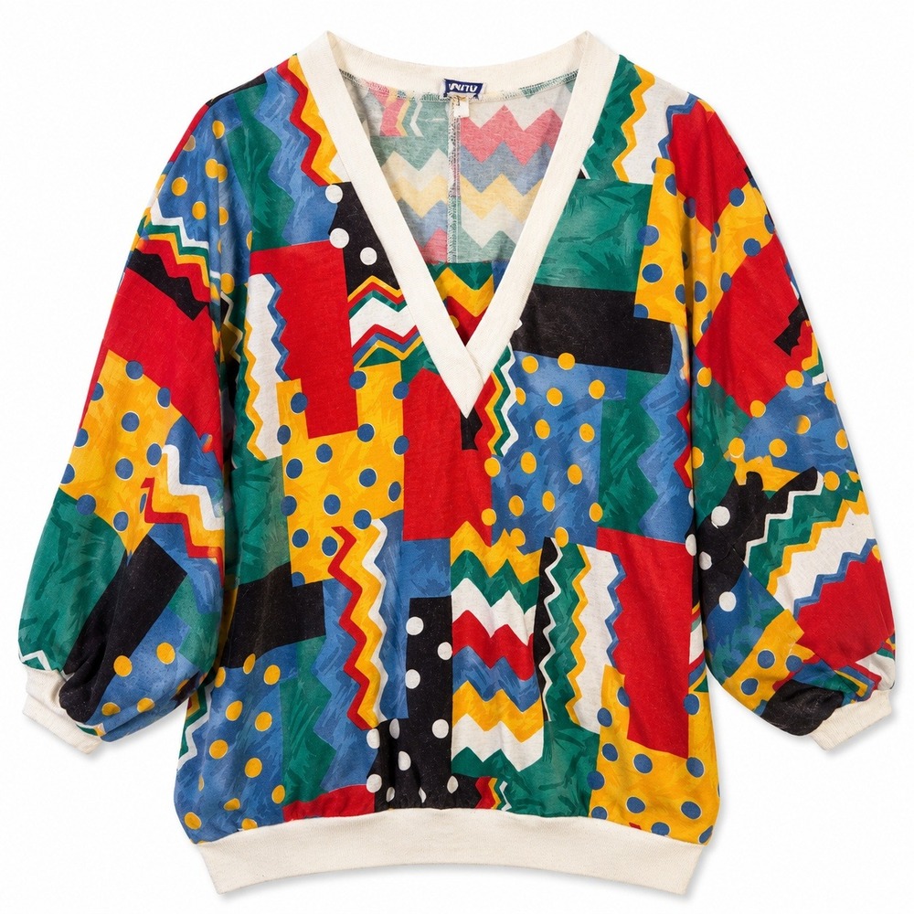 Vintage AM Casuals 80s 90s Abstract V-Neck Top Rainbow Whimsical Maximalist